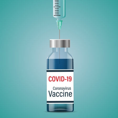 The concept of vaccination. Vaccination against covind-19 coronavirus with a vaccine bottle and a syringe for the treatment of covid19 immunization. Vector illustration.のイラスト素材