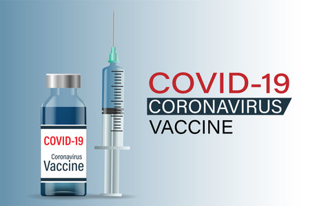 Vaccine against the coronavirus NCOV-19. A glass bottle of solution for injection and a syringe. Medical vaccine against coronavirus infection COVID-19 with typography and copy space.のイラスト素材