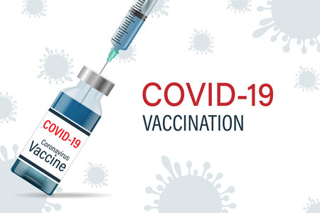 Vector background of the coronavirus vaccine. Vaccination against covind-19 coronavirus with a vaccine bottle and a syringe for the treatment of covid19 immunization. Vector illustration.のイラスト素材