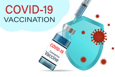 The concept of vaccination. The immunization campaign. Vaccination against COVID-19. Health and safety. A syringe, a bottle of vaccine and a virus with a protective shield. Vector illustrations.のイラスト素材