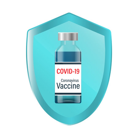 Covid-19 coronavirus vaccine. protection against coronavirus.A bottle of vaccine on the shield.Vector illustrationのイラスト素材