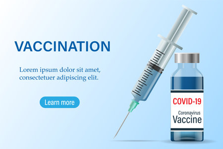 A banner with a pattern of vaccination.Vector background of vaccination against Covid-19. Vials with the vaccine against the coronavirus Covid19 and tools for injection syringes for immunizationのイラスト素材