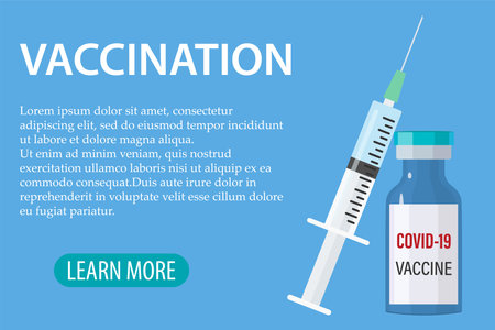 A banner with a pattern of vaccination.Vector background of vaccination against Covid-19. Vials of the Covid19 coronavirus vaccine and injection tools syringes for immunizationのイラスト素材