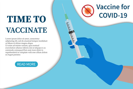 Vaccination against COVID-19. It's time to get vaccinated. Hand with a syringe. A hand in a medical glove holds a syringe. Vector illustrationsのイラスト素材