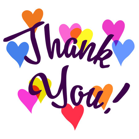 Thank you lettering with colored hearts on a white background. Modern printing house. Thank you for the colorful calligraphic design of greeting cards.のイラスト素材