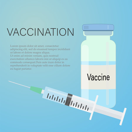 The concept of vaccination.Vector banner or poster with a bottle and a syringe. Vaccine against the coronavirus NCOV-19. Close-up, isolated on a blue background.のイラスト素材
