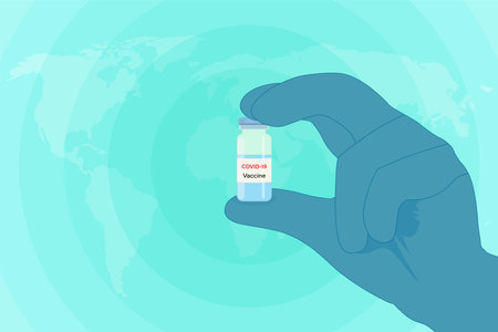 Development and creation of a vaccine against COVID-19. Design by doctor's hands with medical gloves holding the vaccine bottle. The concept of vaccines for the prevention or control of COVID-19.のイラスト素材