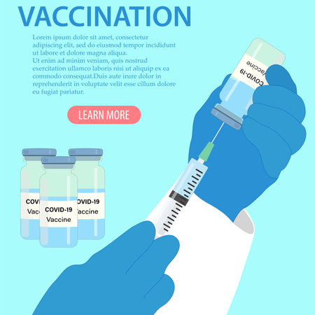 The concept of vaccines for prevention. Vaccines and vaccination against coronavirus, COVID-19, influenza virus. Design by doctor's hands with medical gloves holding the vaccine bottle and syringe.のイラスト素材