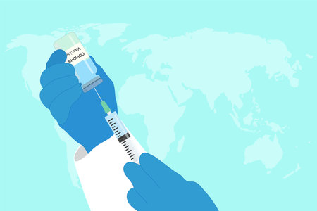 Development and creation of a vaccine against COVID-19. Design by doctor's hands with medical gloves holding vaccine bottle and syringe. The concept of vaccines for the prevention.のイラスト素材