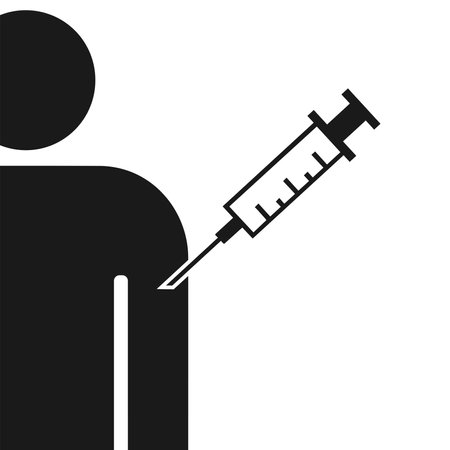 Badge of a man with a syringe in his shoulder. Black silhouette on a white backgroundのイラスト素材