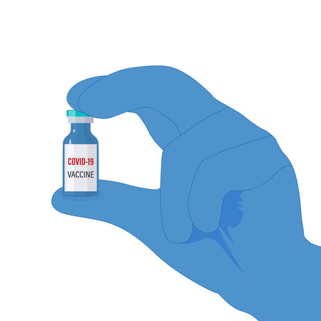 The concept of vaccination. The doctor holds a bottle of vaccine in his hand. Doctor in gloves as a prevention of diseases. Vector illustration of flat design. Isolated on a white background.のイラスト素材
