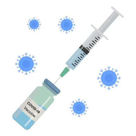 Vaccination, the vaccine against the coronavirus Ncov-19. Syringe and flat icons of the vaccine bottle. Treatment of the ncov-19 coronavirus. Vector illustrationsのイラスト素材