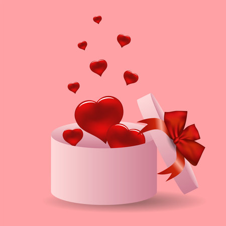 Valentines hearts with gift box postcard on pink background. Vector symbols of love in the shape of a heart.のイラスト素材