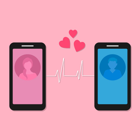 Smartphones with avatars. Dating and online communication. Virtual romantic date. Familiarity with the concept of a smartphone app. Online communication and connection.のイラスト素材