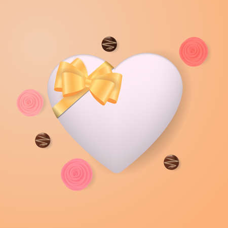 Romantic creative composition.Festive decorative items gift box in the shape of a heart with a beautiful bow, chocolates, roses.Holiday banner and poster.のイラスト素材