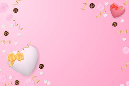 Romantic creative composition.Holiday decorative items gift boxes in the shape of hearts, chocolates, paper hearts.Holiday banner and poster.のイラスト素材