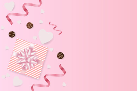 Romantic creative composition.Festive decorative items gift box, chocolates, paper hearts, pink streamer.Holiday banner and poster.のイラスト素材