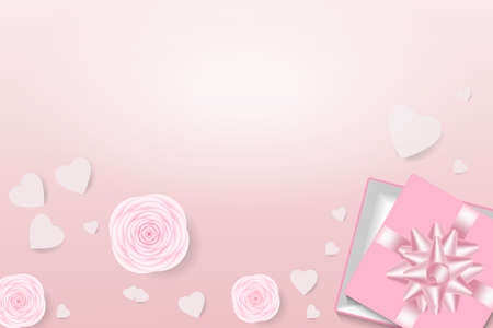 A background with a heart and a real composition for a fashionable banner, poster or greeting card. A festive composition of a gift box, hearts and flowers. Top view vector illustrations.のイラスト素材
