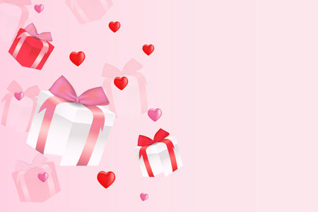 A background with a heart and a real composition for a fashionable banner, poster or greeting card. Festive composition of flying gift boxes, hearts. Vector illustrations.のイラスト素材