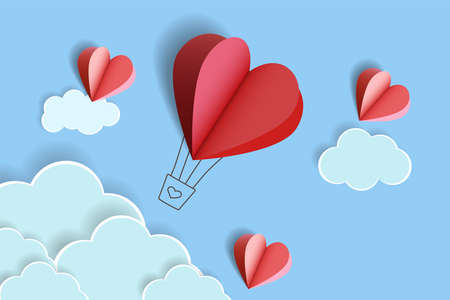 Illustration of love .Heart shape of a balloon cut out of paper and clouds. Handmade crafts. Vector illustration. Cute love sale banner or greeting card. Honeymoon and wedding adventure.のイラスト素材
