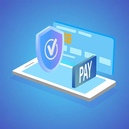 Isometric vector illustrations of mobile data security. The concept of an online payment protection system with a smartphone and a credit card. Secure online banking transaction.のイラスト素材