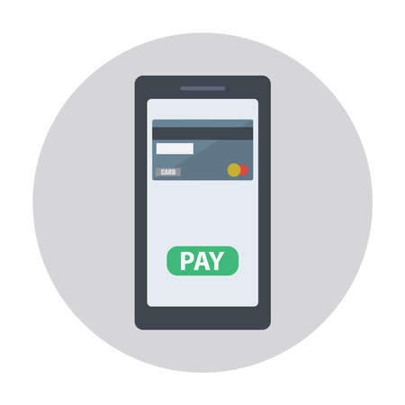 Payment by credit card via an electronic wallet without wires on the phone. A new mobile banking app and vector illustration of electronic payments. Purchases by phone and connected card.のイラスト素材