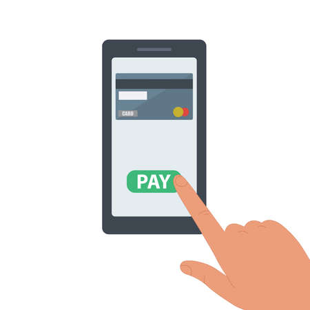 Payment by credit card via an electronic wallet without wires on the phone. A new mobile banking app and vector illustration of electronic payments. Hand with online smartphone banking.のイラスト素材