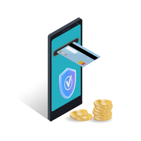 Isometric concept of online payment protection. Secure mobile transfer, 3D smartphone, built-in ATM, credit card, shield. The security of Internet banking, sending money vector illustrationのイラスト素材
