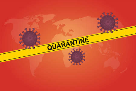Dangerous quarantine tape. Warning tape of the fence. Black and yellow vector diagonal stripes. Covid-19 epidemic orange ribbon with quarantine inscription on the background of the world mapのイラスト素材