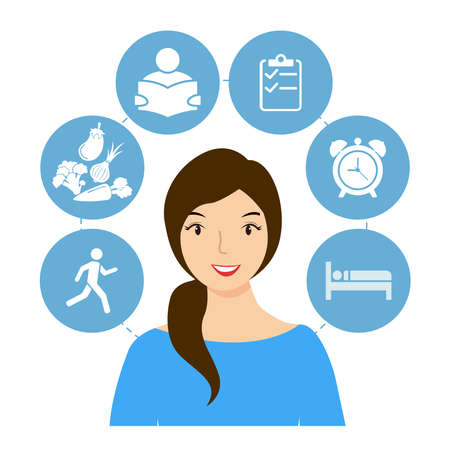 Cope with stress and anxiety. A young, smiling woman who looks after her emotional health. Flat vector illustrationsのイラスト素材