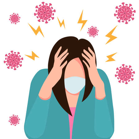 Pandemic fatigue. A woman in a medical mask who clutched her head with both hands. causes headaches, panic, fright, and depression. Stress, irritation from the  virus, bad moodのイラスト素材