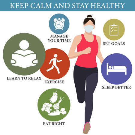 Stay calm and healthy during the pandemic. A masked girl runs. Managing stress and anxiety during emergencies, infographics. Vector illustrationのイラスト素材