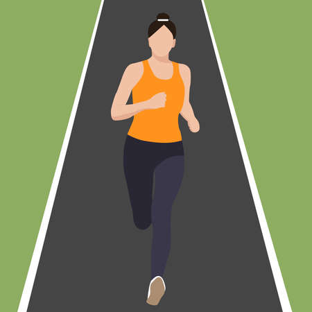 The girl runs. Healthy lifestyle. A happy woman. Sports characters for training, cardio, marathon, city race, summer outdoor recreation. Vector illustration.のイラスト素材