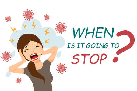 Pandemic fatigue. Flat vector illustration of a screaming woman. The concept of panic and depression. When it stops, the tagline.のイラスト素材