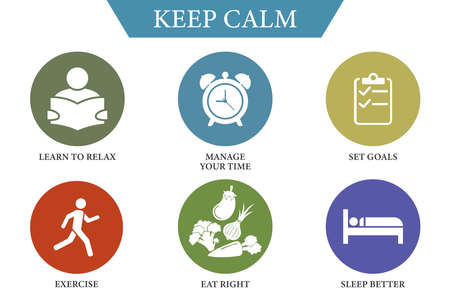 Stay calm. How to stay calm during a pandemic. Managing stress and anxiety during emergencies, infographics. Vector illustrationのイラスト素材