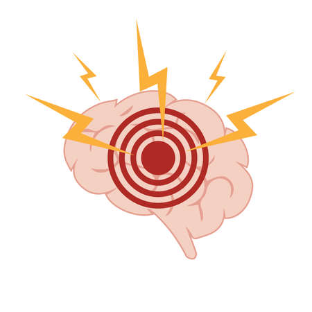 The concept of headache and migraine. A silhouette of the human brain with pain localization. Brain disease. Vector illustrationのイラスト素材