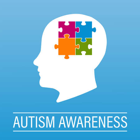 White silhouette of a head with colored puzzle pieces and white text isolated on a blue gradient background. Awareness of autism. Vector illustrationのイラスト素材