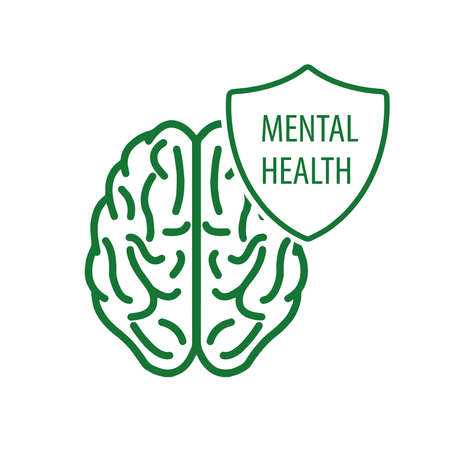 Background to World Mental Health Day. Linear illustration of a brain with a shield isolated on a white background. The concept of mental health. Vector illustration.のイラスト素材