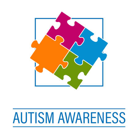 Autism awareness with framed puzzle pieces. Colored puzzle pieces and blue text isolated on a white background. Vector illustrationのイラスト素材