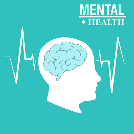 The silhouette of a human head and brain. Illustration of the mental health concept vector. Psychological therapy and treatment. World Mental Health Day. White silhouette on a blue backgroundのイラスト素材