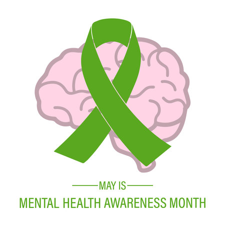 Design of medical care.Mental Health Awareness Month in May. Annual campaign in the United States. Green ribbon on the background of the silhouette of the human brain. White background. Vector illustrのイラスト素材
