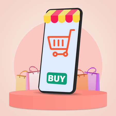 The concept of online shopping with a mobile phone store on a circular podium. A mobile phone on a round pink catwalk and shopping bags on a light pink background. Vector illustrationのイラスト素材
