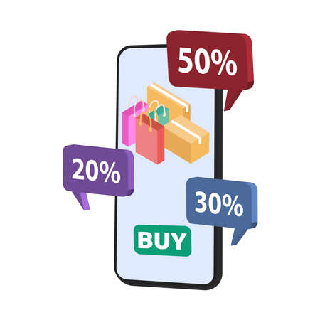 Online stores of the isometric concept. Boxes and shopping bags in your mobile phone. Isometric...
