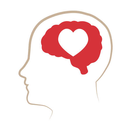The brain and heart in the outline of a silhouette in the profile of a human head. Flat design on white background Vector illustrationのイラスト素材