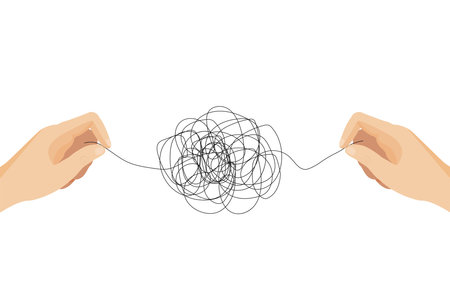 The concept of psychotherapy. Confused consciousness. The doctor's hands unravel Mental health Issues. Vector illustration for a psychologist's blog or social media post.のイラスト素材