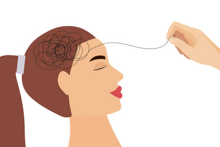 The concept of psychotherapy. A woman with a confused mind. Mental health problems. Vector illustration for a psychologist's blog or social media post.のイラスト素材