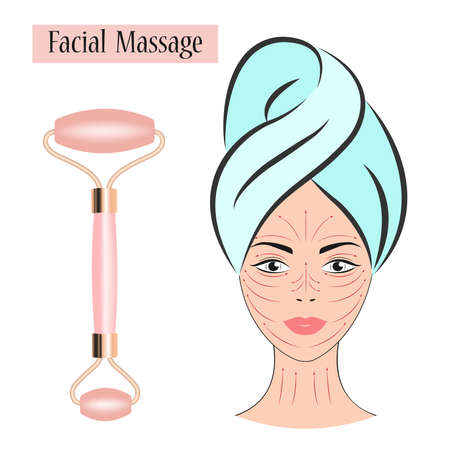 Beauty Girl take care of your face and use a facial roller. Massage direction for facial yoga. Acupuncture is an anti-aging self-help method of traditional Chinese medicine. Vector illustrationのイラスト素材