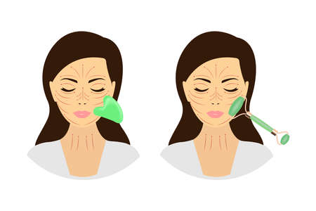 A woman with a jade face roller and a gua-sha stone scraper. Facial yoga. Anti-aging self-help method of traditional Chinese medicine. Vector illustration of flat on white.のイラスト素材