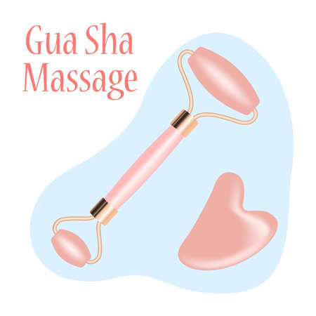Facial massage. Flat vector set made of rose quartz, consisting of a roller face massager and gua sha. Tools for skin care and tone improvement, isolated on a white background.のイラスト素材