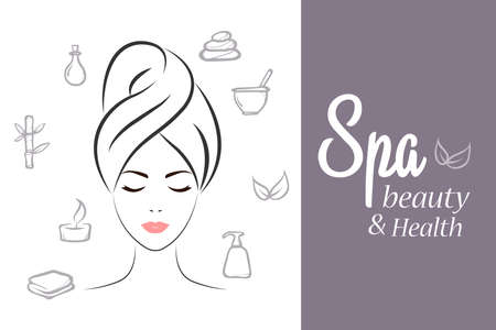 Spa elements and symbols. Outlined silhouette of a girl with a towel on her head. Vintage models with spa elements. Hand-drawn doodles. Stylish graphic texture for your design. Beautiful backgroundのイラスト素材